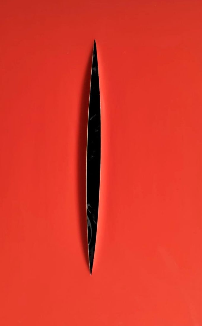 Lucio Fontana Argentine 1899-1968 Oil on Canvas In the Style Of. Fontana & Rothko Era.: Title: Concetto Spaziale – Attesa (Red) Technique: Oil on canvas Measures: 31 x 23 inches (78.7 x 58.4 cm) Year: Circa 1960s Condition: The artwork is in good condition, with stable pigment and a we