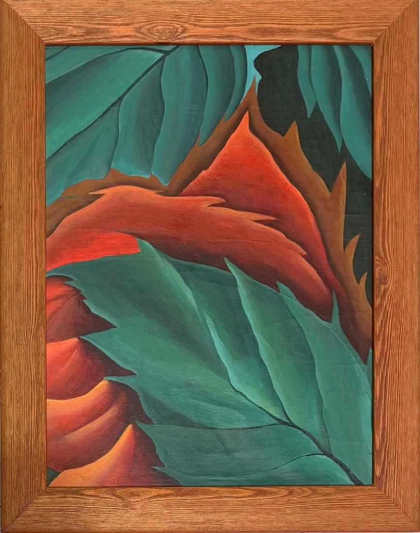 Georgia O'Keeffe American Oil On Canvas Painting in the style of. Pollock & O'Keeffe. Abstract Era: Title: Yellow Blossoms with Curving Foliage Technique: Oil on Canvas Measures: 16 × 12 inches Year: Circa mid–20th century Condition:Good — the work appears well preserved, with stable paint laye