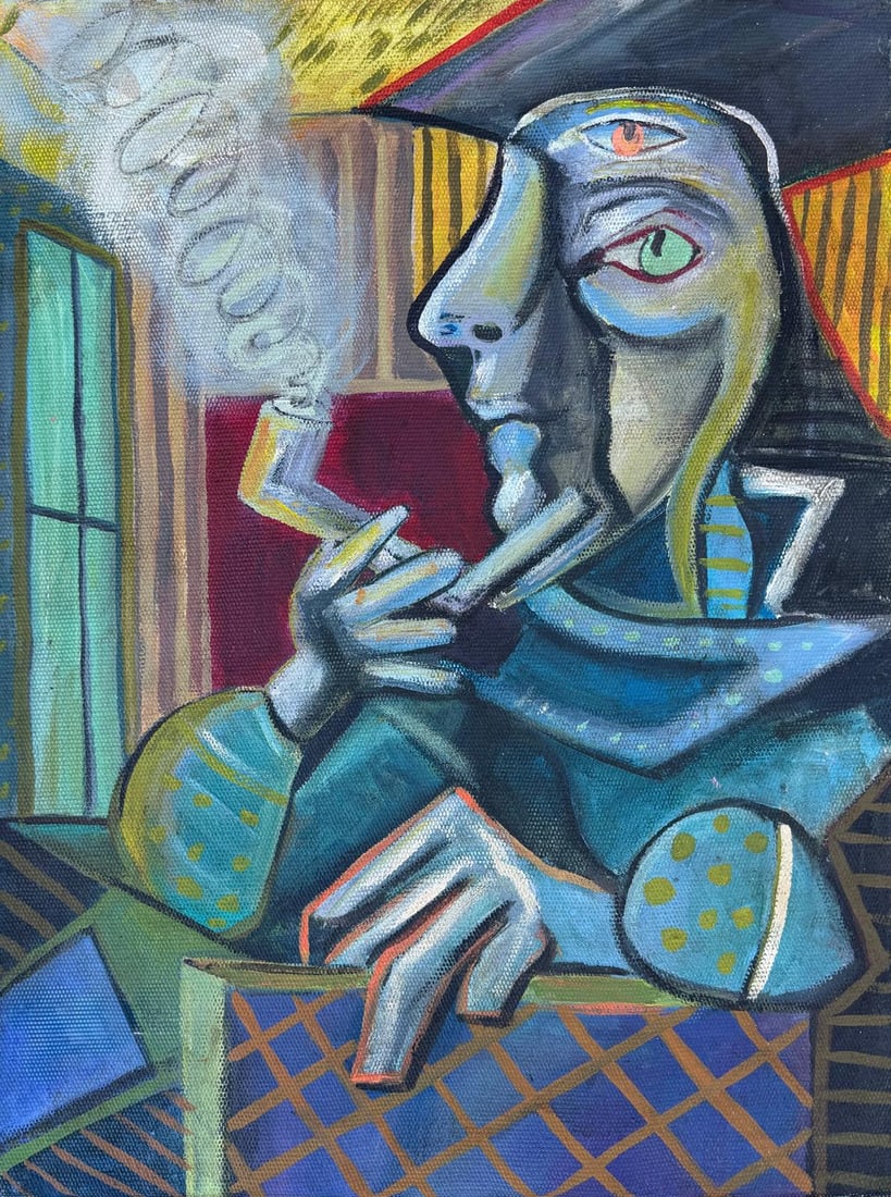 Pablo Picasso Spanish 1881-1973 Oil on Canvas Painting in the Style of Picasso. Magritte & Chagall: Title:Man with Pipe Technique:Oil on canvas Measures:20 x 17 inches (50.8 x 43.2 cm) Year:Circa 1950s Condition:The artwork is in good overall condition, with stable pigments and a well-preserved pain