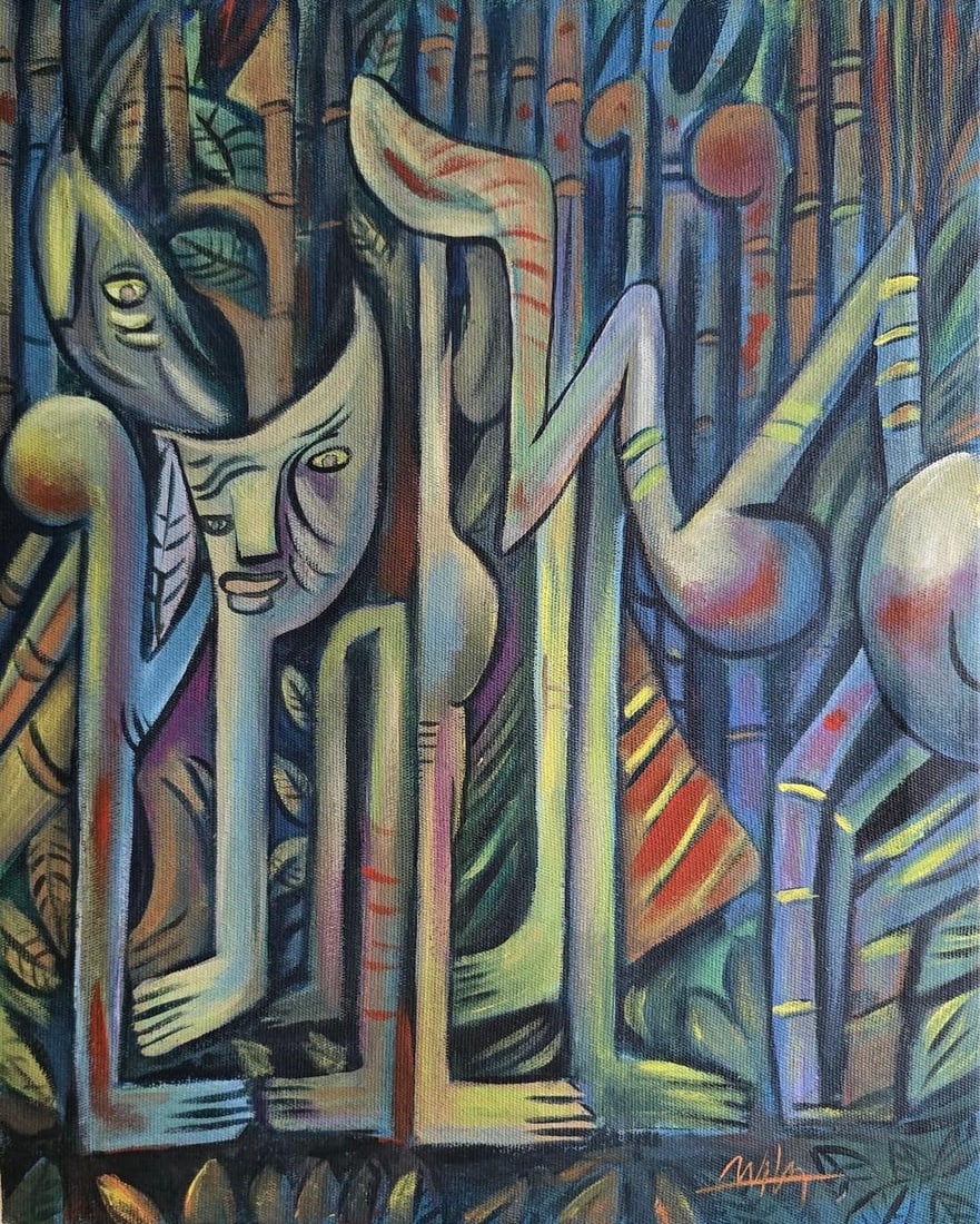 Wifredo Lam Cuban Oil on Canvas Painting in the style of. Lam & Dali Surrealism Era: Title:Untitled Technique:Oil on canvas Measures:19 × 15 inches(48.3 × 38.1 cm) Year:Undated Condition:The painting is in good overall condition. The canvas is stable and properly tensioned. The oil