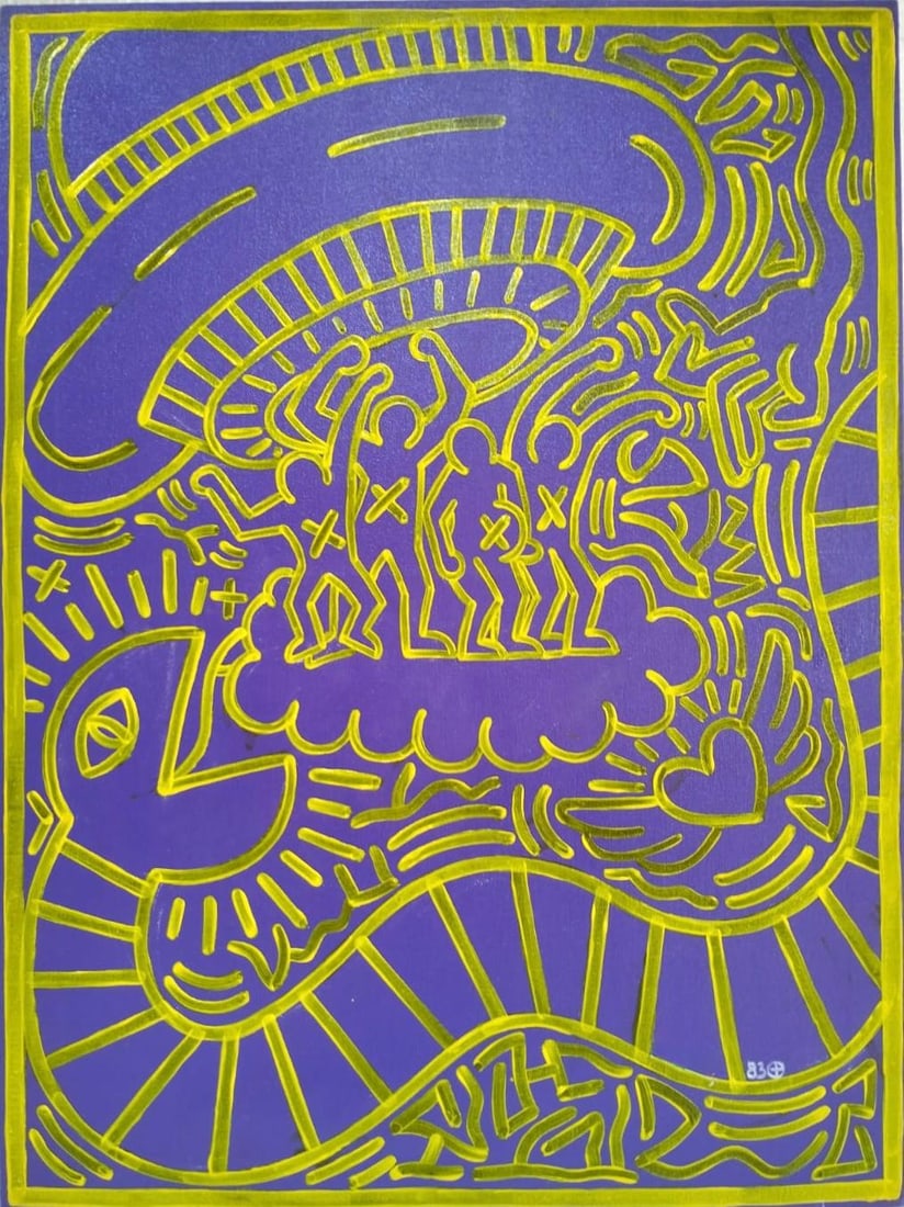 Keith Haring American 1958 - 1990 Acrylic/Canvas In The Style of. Warhol & Haring Pop Art Period.: Title:Untitled Technique:Acrylic on canvas Measures:31 × 23 inches(78.7 × 58.4 cm) Year:Circa 1980s Condition:The painting is in good overall condition. The canvas is stable and well-stretched, with
