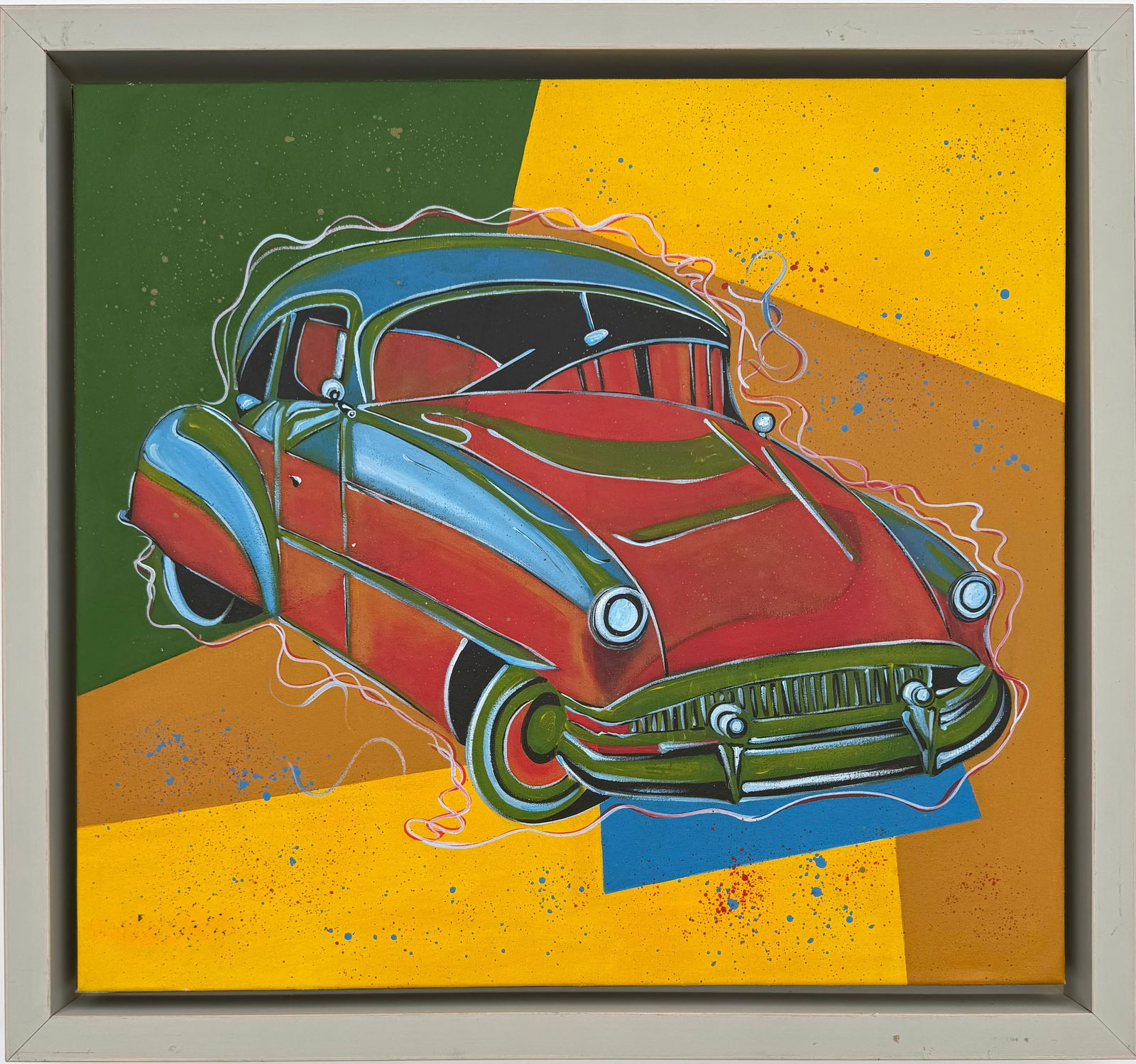 Andy Warhol 1928-1987 Acrylic on Canvas in the style of. Haring & Warhol Pop Art Era: Title:Red Car on Chromatic Ground Technique:Acrylic on Canvas Measures:22 × 24 inches Year:Circa late 20th century Condition:Good — the work appears well preserved, with strong color saturation and