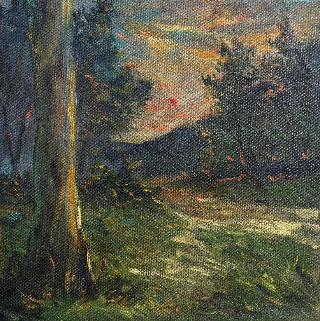 Claude Monet French 1840 - 1926 Oil on Canvas in the style of. Renoir & Manet Impressionist Era.: Title:Forest at Dusk Technique:Oil on canvas Measures:10 × 10 inches(25.4 × 25.4 cm) Year:Undated Condition:The painting is in good overall condition. The canvas is stable and well-stretched, with a