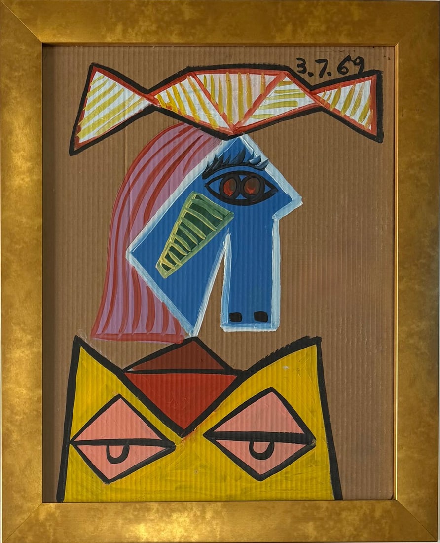 Pablo Picasso Spanish 1881-1973 Oil on Canvas Painting in the Style of Picasso. Magritte & Chagall: Title:Buste de Femme Technique:Oil on corrugated cardboard Measures:28 1/4 × 22 inches(72 × 56 cm) Year:1969 Condition:The painting is in good overall condition. The oil pigments remain vibrant and