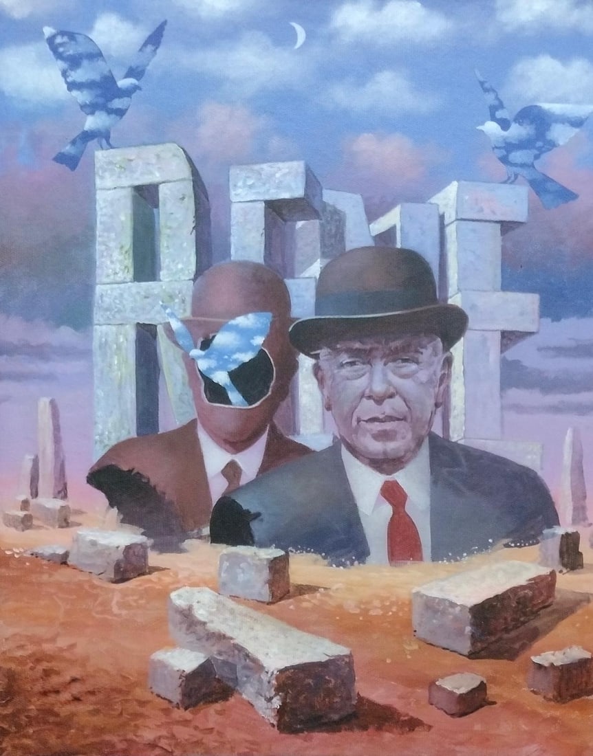 Rene Magritte Belgian 1898 - 1967 Oil on Canvas Painting in The Style of. Dali, Picasso Era: Title: Construction Technique: Oil on canvas Measures: 19 x 15 inches (48.3 x 38.1 cm) Year: 1950 Condition:The painting is in good overall condition. The canvas remains structurally stable and well-s