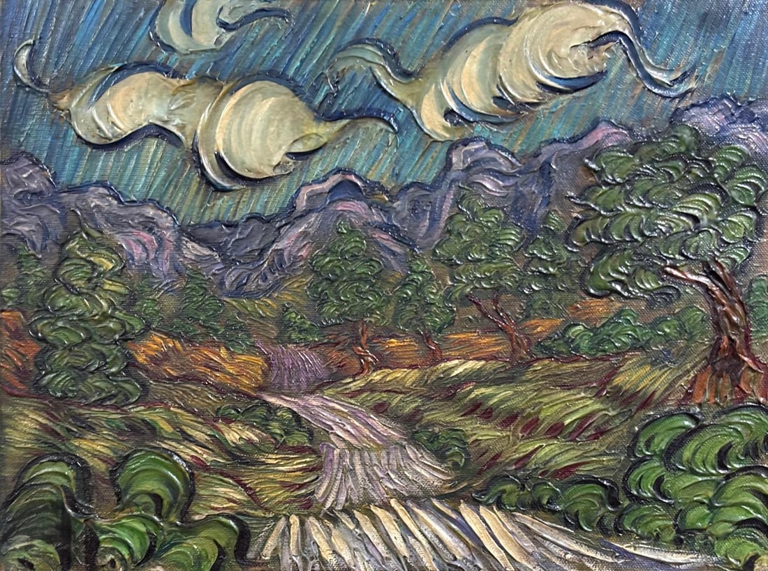 Vincent Van Gogh Dutch 1853-1890 Oil on Canvas painting in the style of. Gaugin, Monet, Degas Period: Title:Landschap Technique:Oil on canvas Measures:9 × 12 inches(22.9 × 30.5 cm) Year:Circa 1885–1890 Condition:The painting is in good overall condition. The canvas is stable and well tensioned. Th