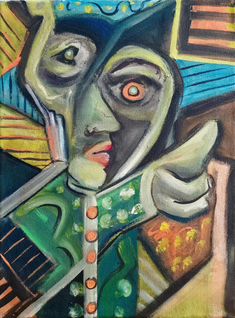 Pablo Picasso Spanish 1881-1973 Oil on Canvas Painting in the Style of Picasso. Magritte & Chagall: Title: Abstract Figure in Profile Technique: Oil on canvas Measures:15 × 11 inches38.1 × 27.9 cm Year: Undated Condition:Good — the canvas is structurally sound and well-preserved. The paint surfa