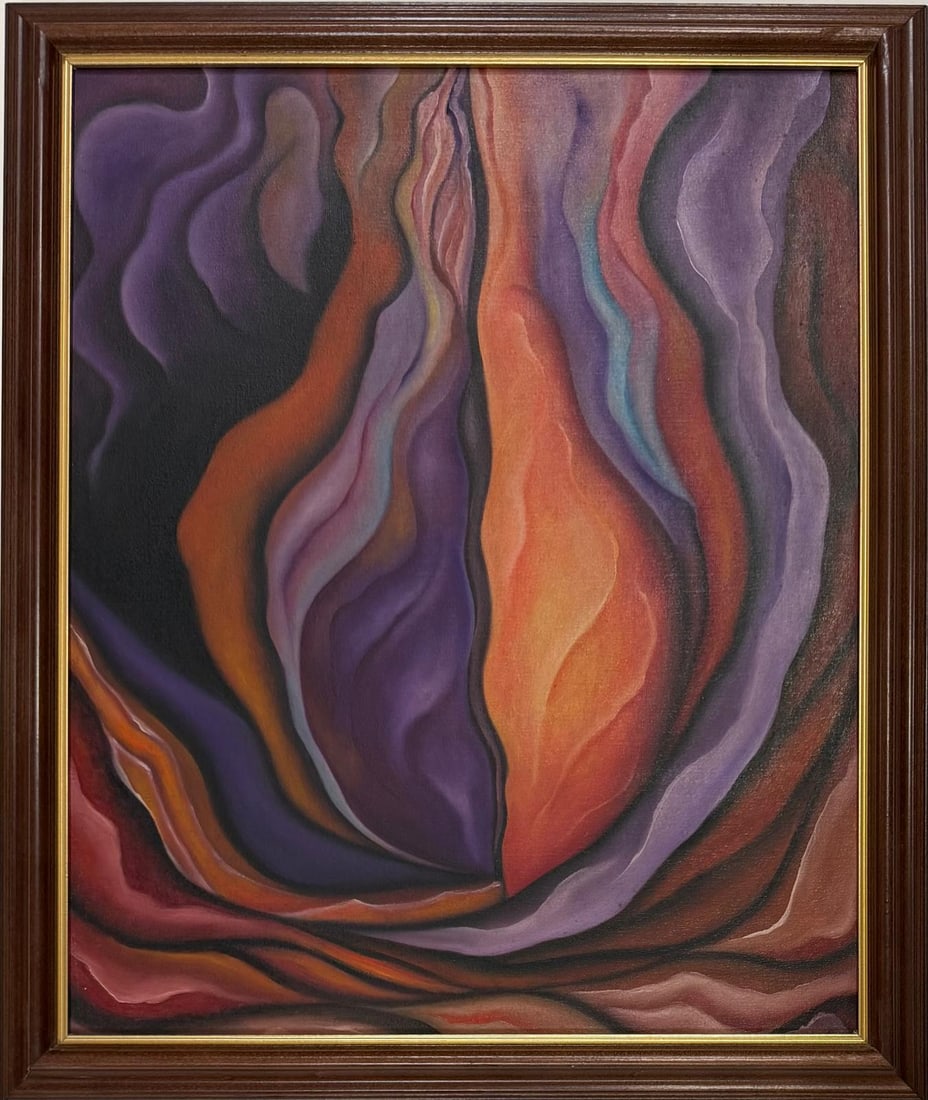 Georgia O'Keeffe American Oil On Canvas Painting in the style of. Pollock & O'Keeffe. Abstract Era: Title:Untitled Technique:Oil on canvas Measures:19 × 16 inches(48.3 × 40.6 cm) Year:Circa 1935–1945 Condition:The painting is in good overall condition. The canvas remains stable and well stretche