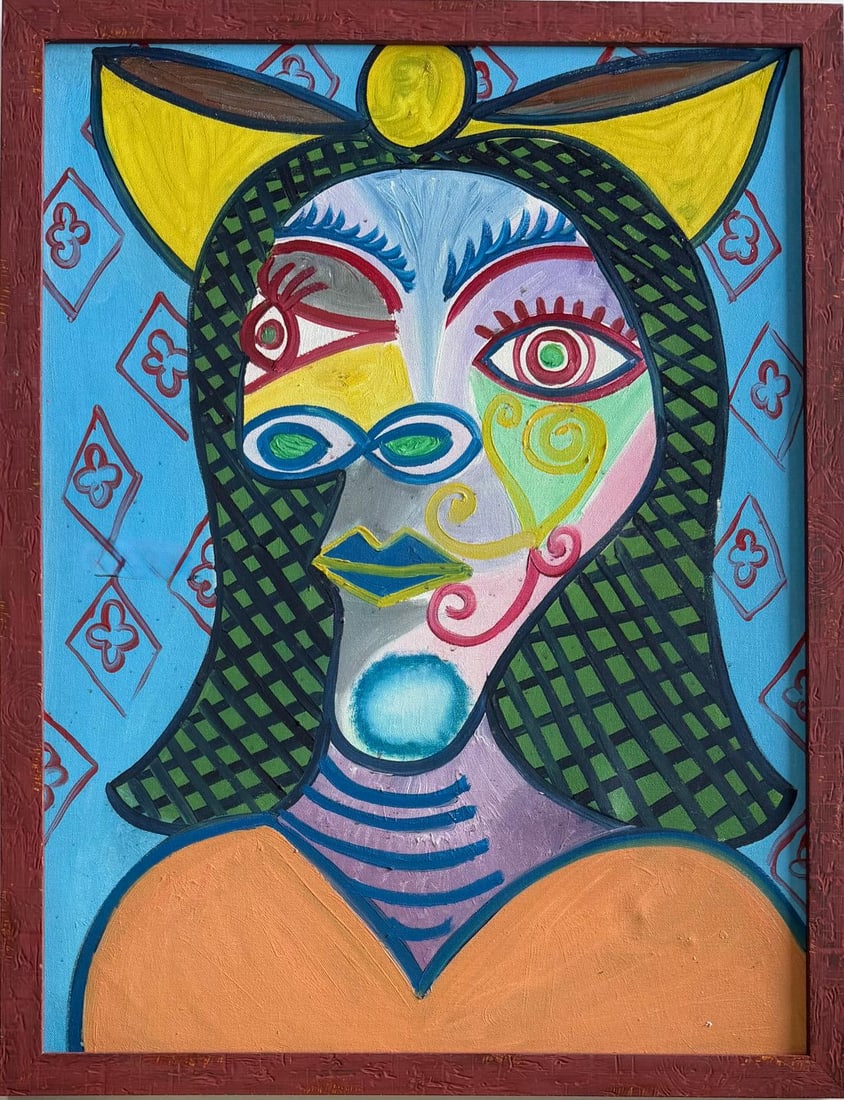 Pablo Picasso Spanish 1881-1973 Oil on Canvas Painting in the Style of Picasso. Magritte & Chagall: Title:Untitled Technique:Oil on canvas Measures:29 × 22 inches(73.7 × 55.9 cm) Year:1959 Condition:The painting is in good overall condition. The canvas is stable and well-stretched, with pigments r