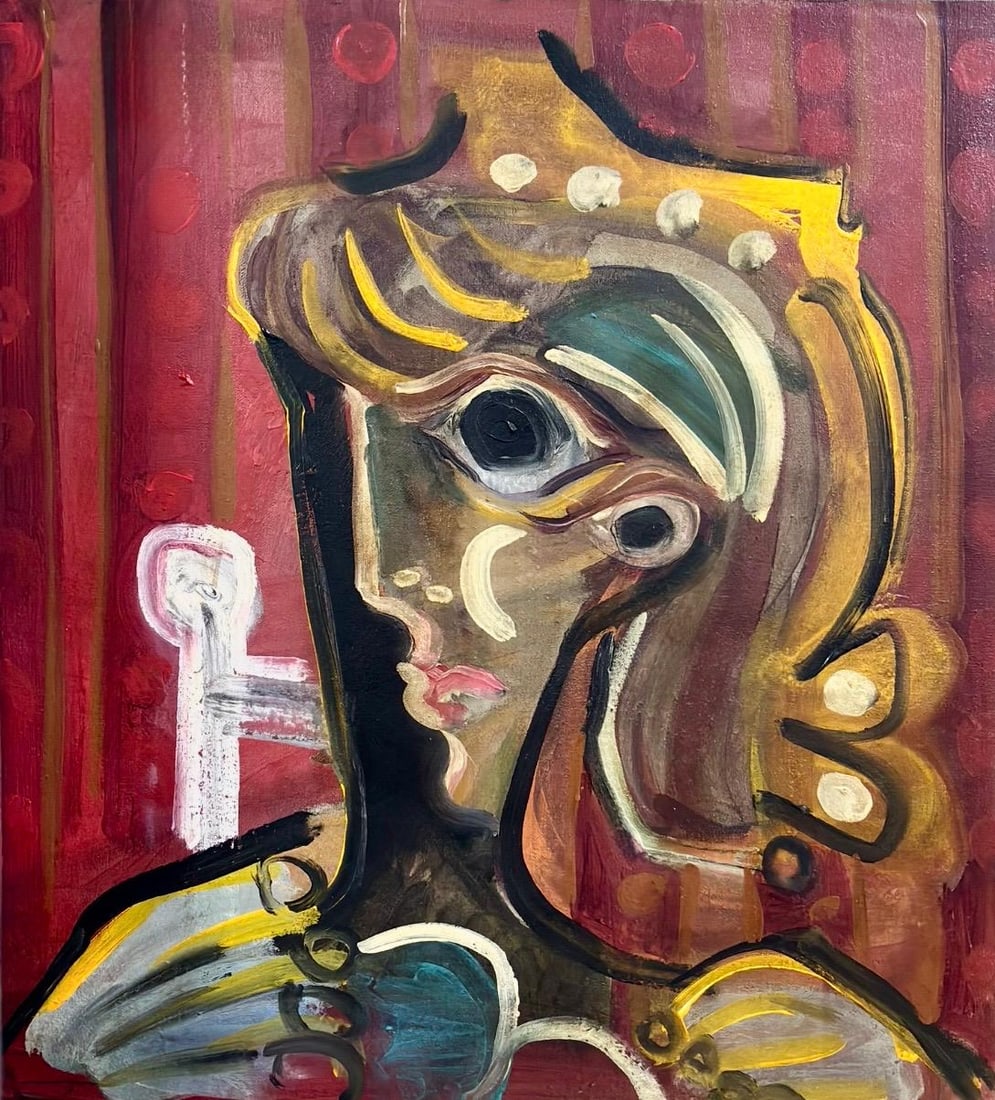 Pablo Picasso Spanish 1881-1973 Oil on Canvas Painting in the Style of Picasso. Magritte & Chagall: Title:Untitled Technique:Oil on canvas Measures:16 × 14 inches(40.6 × 35.6 cm) Year:Undated Condition:The painting is in good overall condition. The canvas remains stable and well-preserved, with pi