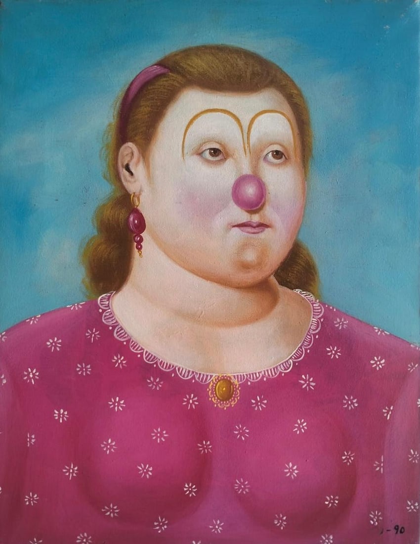 Fernando Botero (1932–2023) Colombian Oil/Canvas Painting in the Style of Botero Late 20th Century: Title:Clown Technique:Oil on canvas Measures:18 × 14 inches(45.7 × 35.6 cm) Year:Painted in 1990 Condition:Good overall condition. The canvas is well preserved, with stable paint layers and no visib