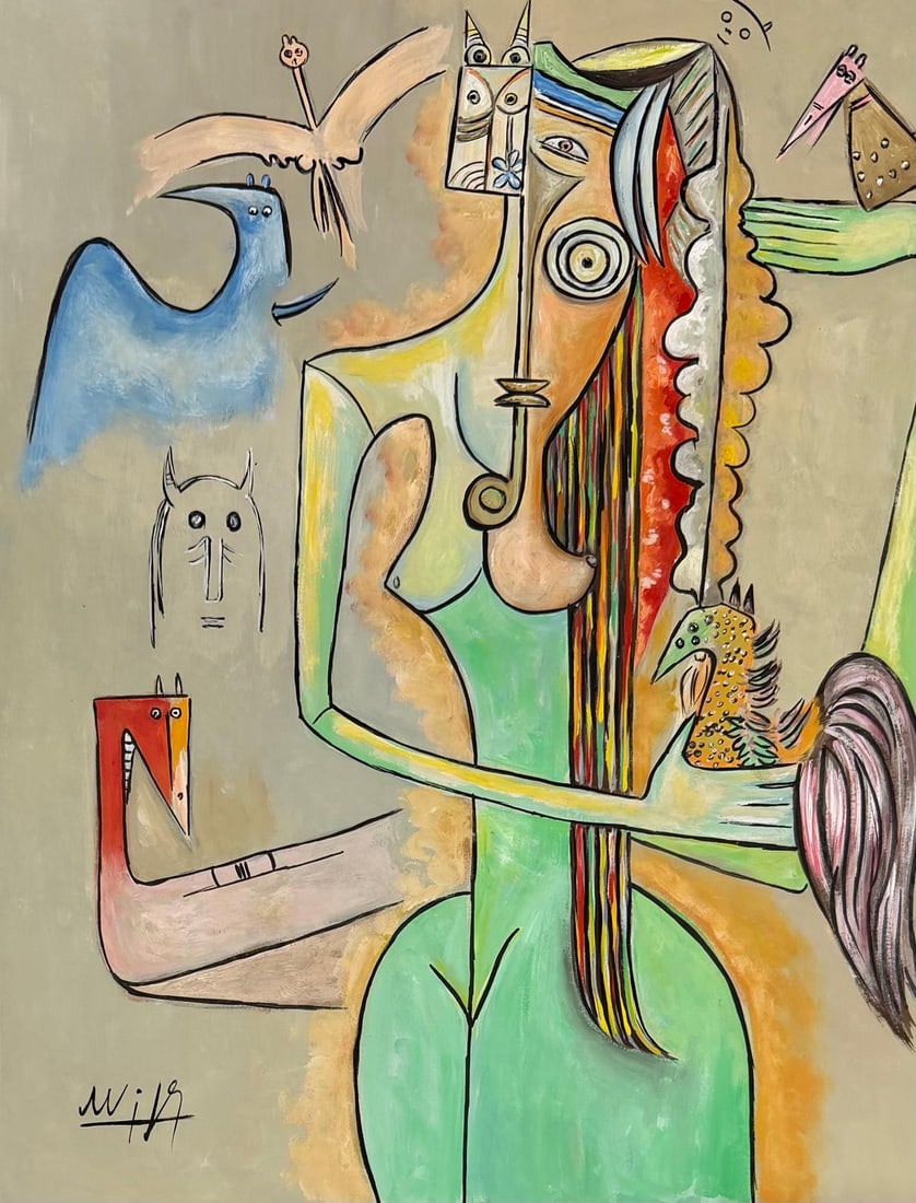 Wifredo Lam Cuban Oil on Canvas Painting in the style of. Lam & Dali Surrealism Era: Title: Untitled Technique: Gouache on paper Measures:16 × 14 inches(40.64 × 35.56 cm) Year:Circa 1940s–1950s Condition:The work is in good overall condition. The gouache pigments retain strong sat