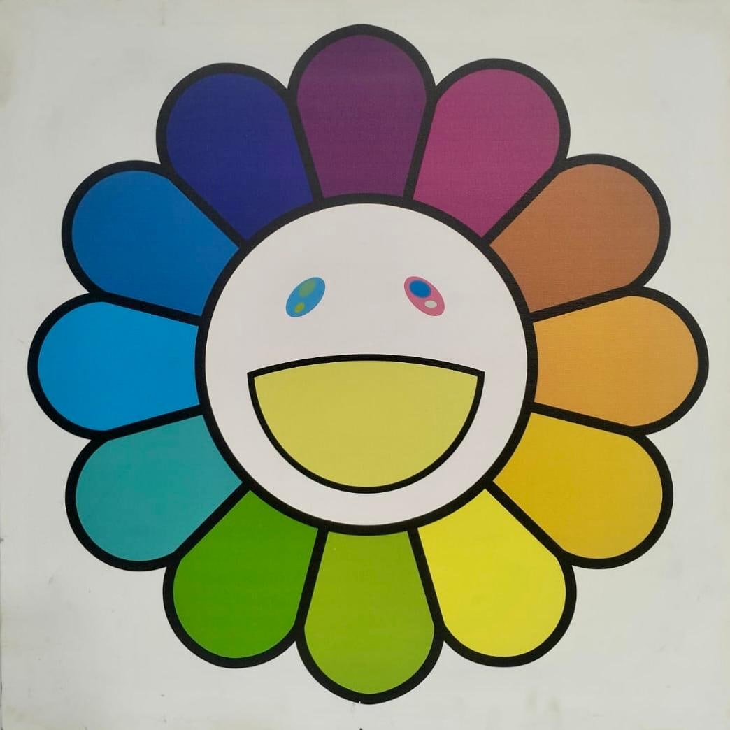 Takashi Murakami Acrylic on Canvas In the Style of. Murakami & Kusama Pop Art Era.: Title:Flower Technique:Acrylic on canvas Measures:23 ¾ × 23 ¾ inches(60 × 60 cm) Year:2002 Condition:The work is in good overall condition. The paint surface is stable and well-preserv