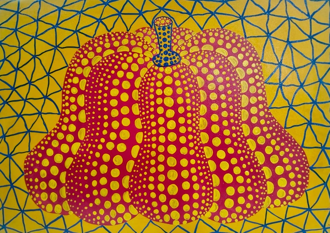 Yayoi kusama (B.1929) Acrylic on canvas Japanese In the Style of. Pop Art Era: TitlePumpkin TechniqueAcrylic on canvas Measures19 × 28 inches(50 × 70 cm) YearPainted in 2000 ConditionGood condition. The pictorial surface is stable, with consistent color saturation and no visib