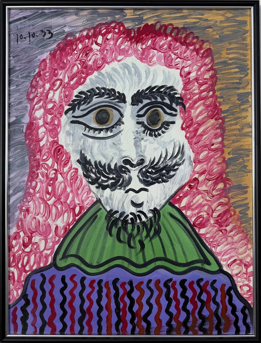 Pablo Picasso Spanish 1881-1973 Oil on Canvas Painting in the Style of Picasso. Magritte & Chagall: Title:Buste de Homme Technique:Oil on canvas Measures:29 × 21 inches(73.66 × 53.34 cm) Year:1933 Condition:Good — the canvas is structurally sound with stable paint layers and well-preserved surfa