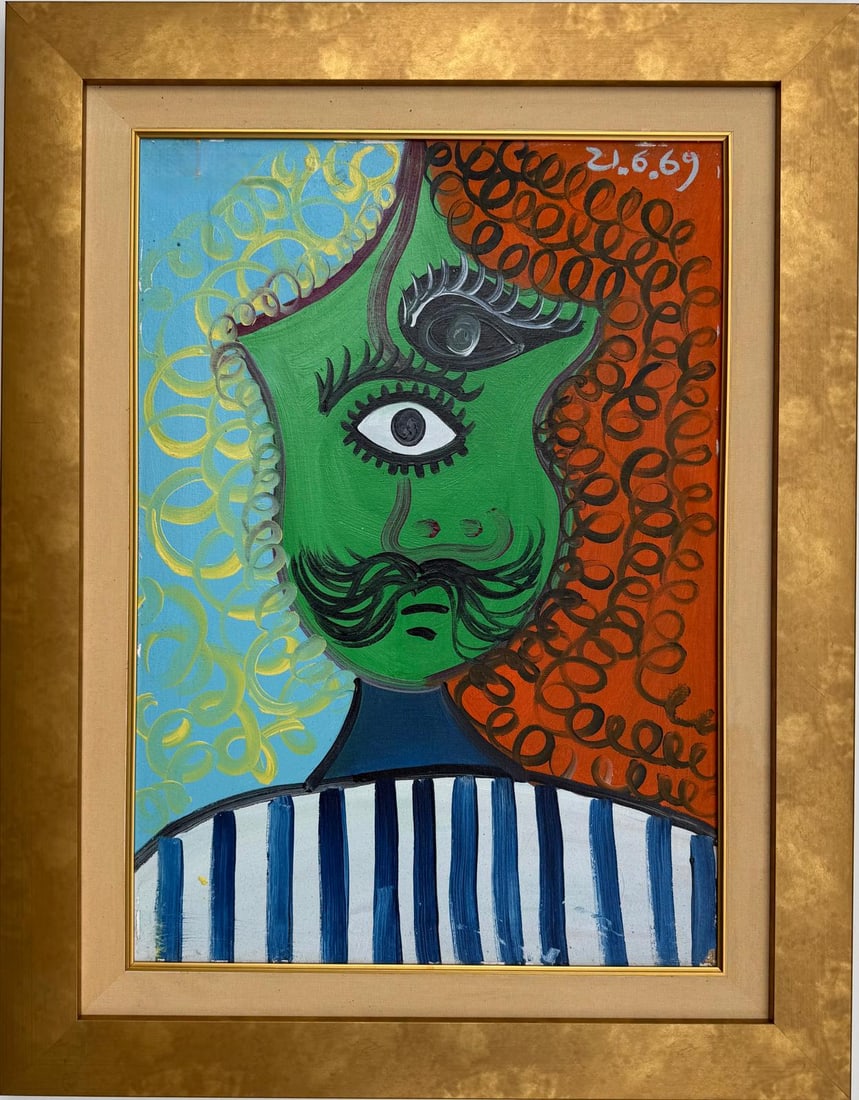 Pablo Picasso Spanish 1881-1973 Oil on Canvas Painting in the Style of Picasso. Magritte & Chagall: Title:Buste de Homme Technique:Oil on canvas Measures:27 × 19 inches(68.6 × 48.3 cm) Year:1969 Condition:Good overall condition. The paint surface is stable with vibrant coloration and consistent te