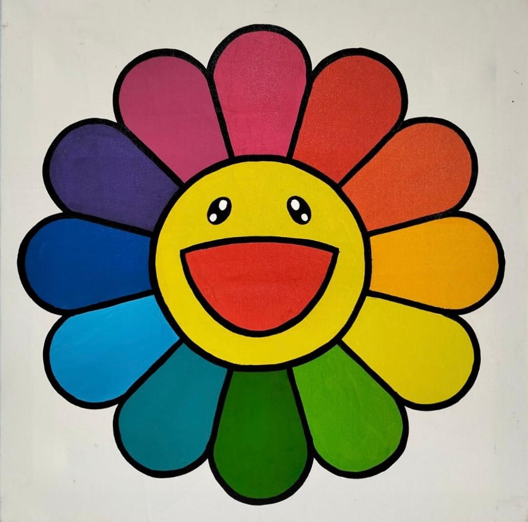 Takashi Murakami Acrylic on Canvas In the Style of. Murakami & Kusama Pop Art Era.: Title:Untitled Technique:Acrylic on canvas Measures:23 × 23 inches(58.4 × 58.4 cm) Year:2018 Condition:Very good condition. The canvas presents a vibrant and stable pictorial surface with strong col