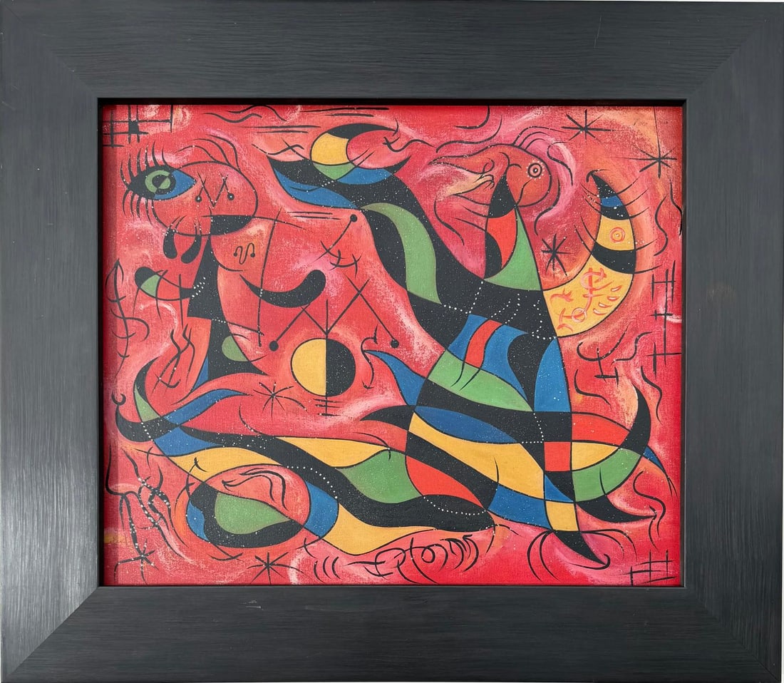 Joan Miro Spanish 1893 - 1983 Oil on Canvas in the style of. Dali, Magritte, & Miro Surrealism Era.: Title: Untitled Technique: Oil on canvas Measures:20 × 24 inches(50.8 × 61 cm) Year: Undated Condition:Good overall condition. The painting presents a stable pictorial surface with light, age-consis