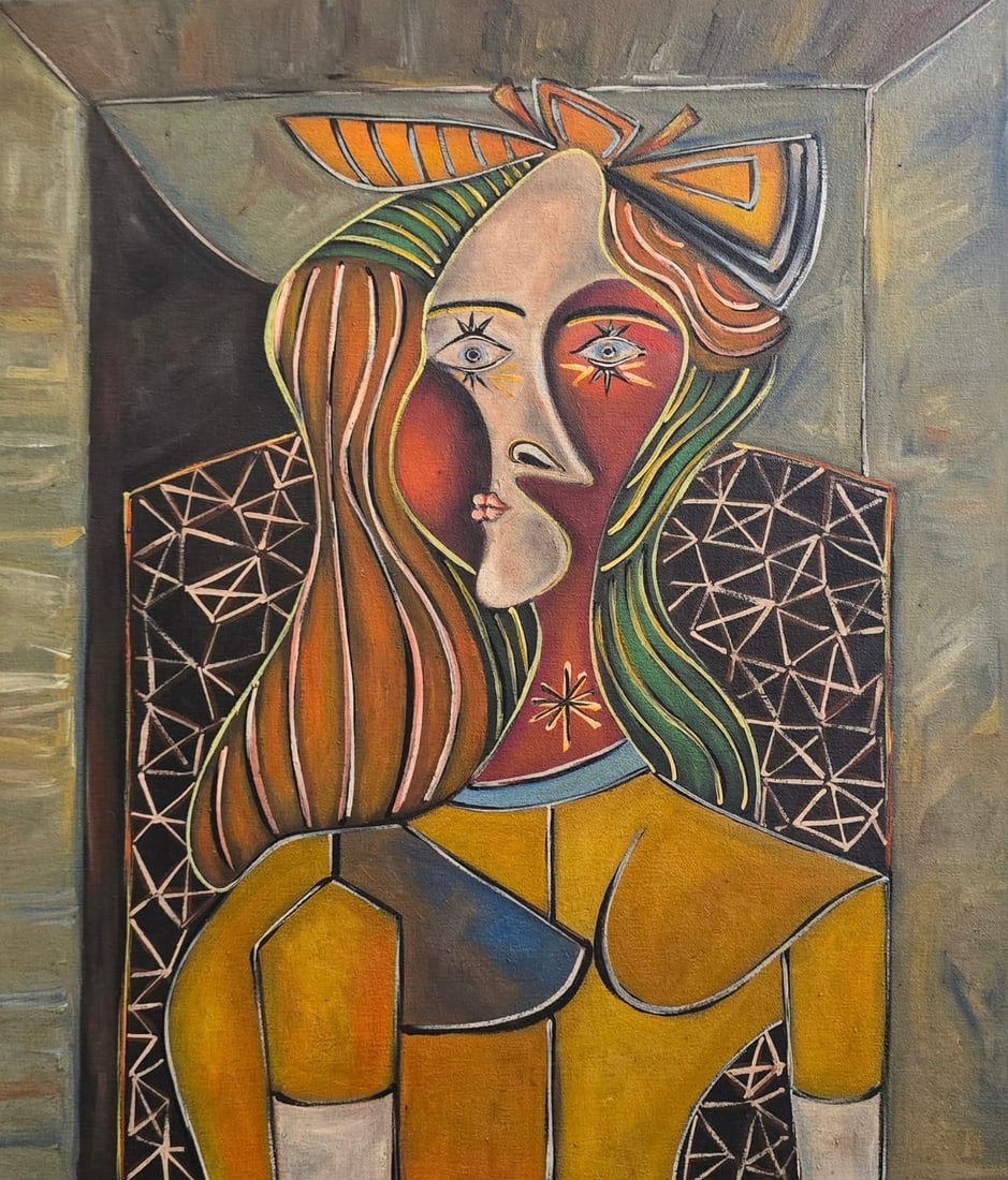 Pablo Picasso Spanish 1881-1973 Oil on Canvas Painting in the Style of Picasso. Magritte & Chagall: Title:Untitled Technique:Oil on canvas Measures:20 × 17 inches(50.8 × 43.18 cm) Year:Circa 1930s–1950s Condition:Good overall condition. The canvas is structurally sound, with a stable pictorial s