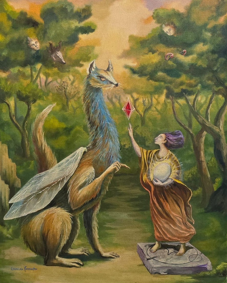 Leonora Carrington British 1917-2011 Oil on Canvas Painting in The Style of. Dali, Picasso Era: Title: Untitle. Technique: Oil on canvas Measures: 20 × 16 inches (50.8 × 40.6 cm) Year: Undated Condition:The painting is in good overall condition. The surface shows stable pigment layers with sof