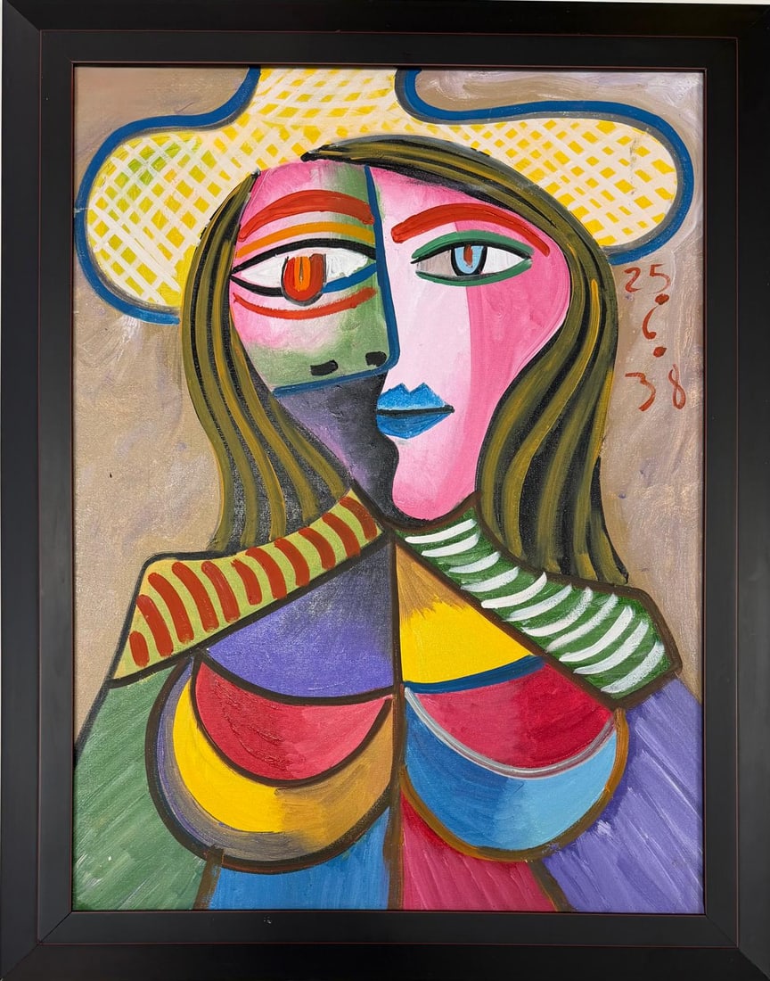 Pablo Picasso Spanish 1881-1973 Oil on Canvas Painting in the Style of Picasso. Magritte & Chagall: Title: Buste de femme Technique: Oil on canvas Measures: 31 ½ × 23 ½ inches (80 × 60 cm) Year: Circa 1938 Condition:The painting is in good overall condition. The surface shows stable