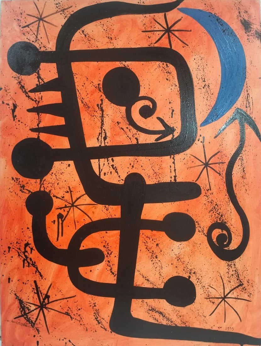 Joan Miro Spanish 1893 - 1983 Oil on Canvas in the style of. Dali, Magritte, & Miro Surrealism Era.: Title: Peinture Technique: Oil on canvas Measures: 31 ½ × 23 ¾ inches (80 × 60 cm) Year: 1955 Condition:The painting is in good overall condition. The pigment layers appear stable with