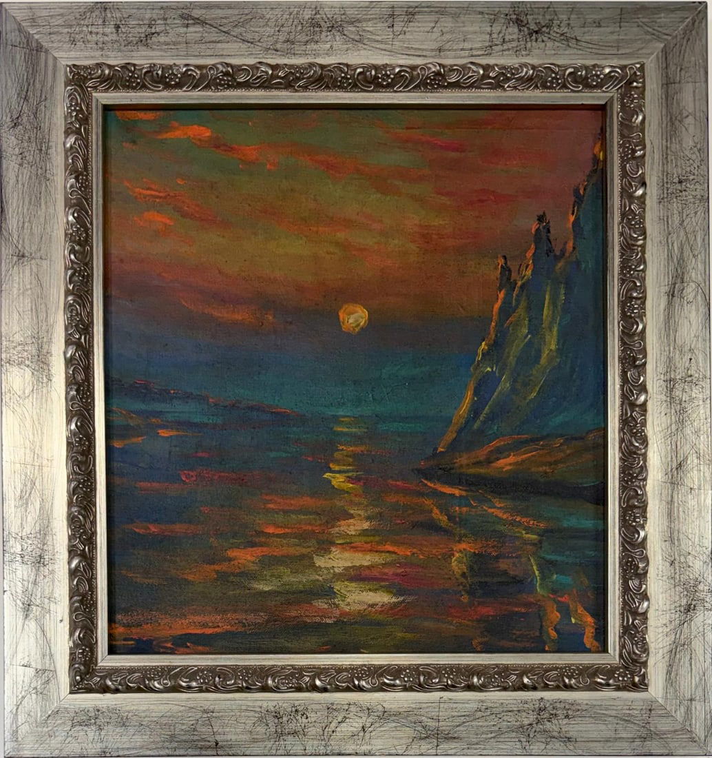 Claude Monet French 1840 - 1926 Oil on Canvas in the style of . Renoir & Manet Impressionist Era.: Title: Moonlit Seascape Technique: Oil on canvas Measures: 14 × 13 inches (35.5 × 33 cm) Year: Circa 1900 Condition:The painting is in good overall condition. The surface shows stable pigment layers