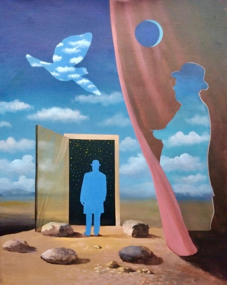 Rene Magritte Belgian 1898 - 1967 Oil on Canvas Painting in The Style of. Dali, Picasso Era: Title: Illusion Technique: Oil on canvas Measures: 20 × 16 inches (50.8 × 40.6 cm) Year: 1961 Condition:The painting is in good overall condition. The paint layers are stable, with light surface wea