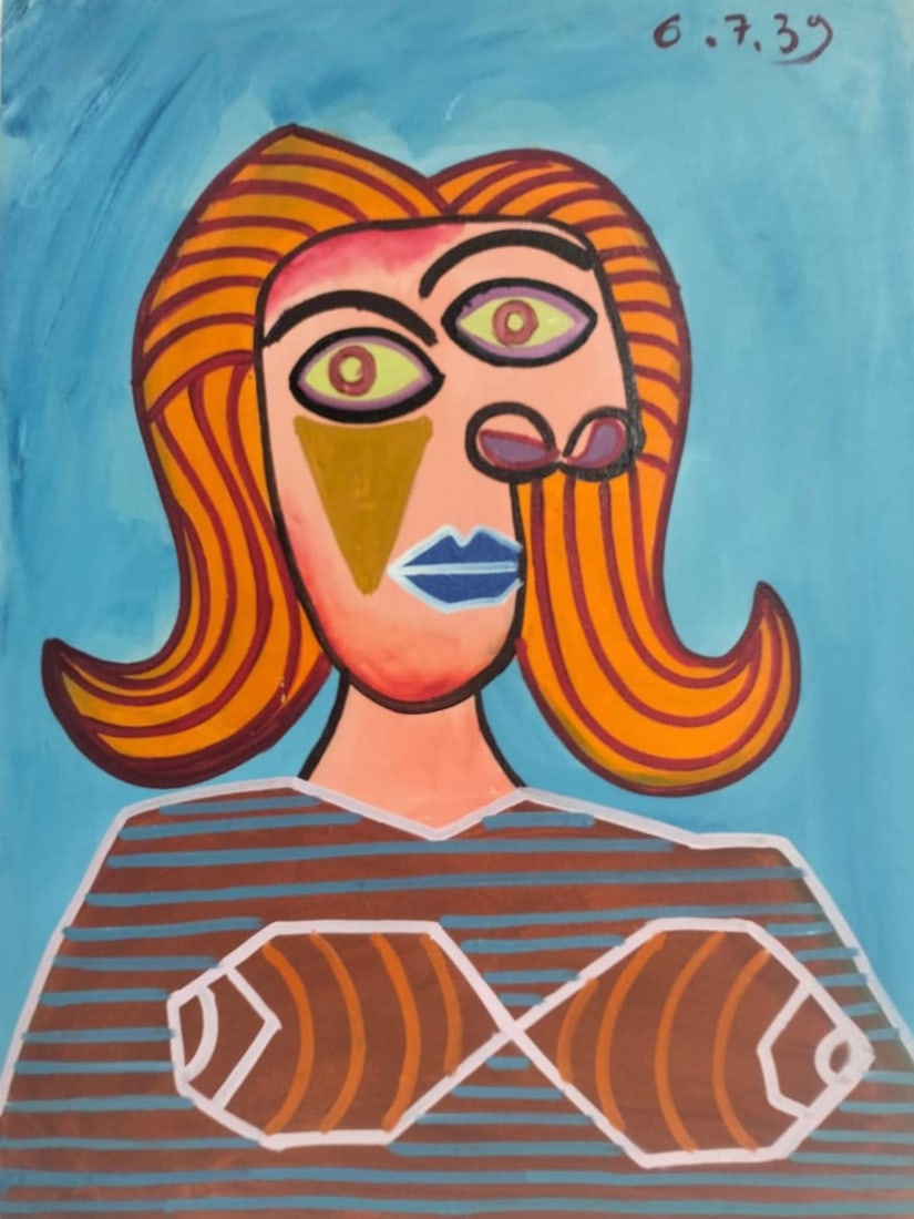 Pablo Picasso Spanish 1881-1973 Oil on Canvas Painting in the Style of Picasso. Magritte & Chagall: Title: Buste de femme Technique: Oil on canvas Measures: 31 × 23 inches (78.7 × 58.4 cm) Year: 1939 Condition:The painting is in good overall condition. The surface shows stable pigment layers with