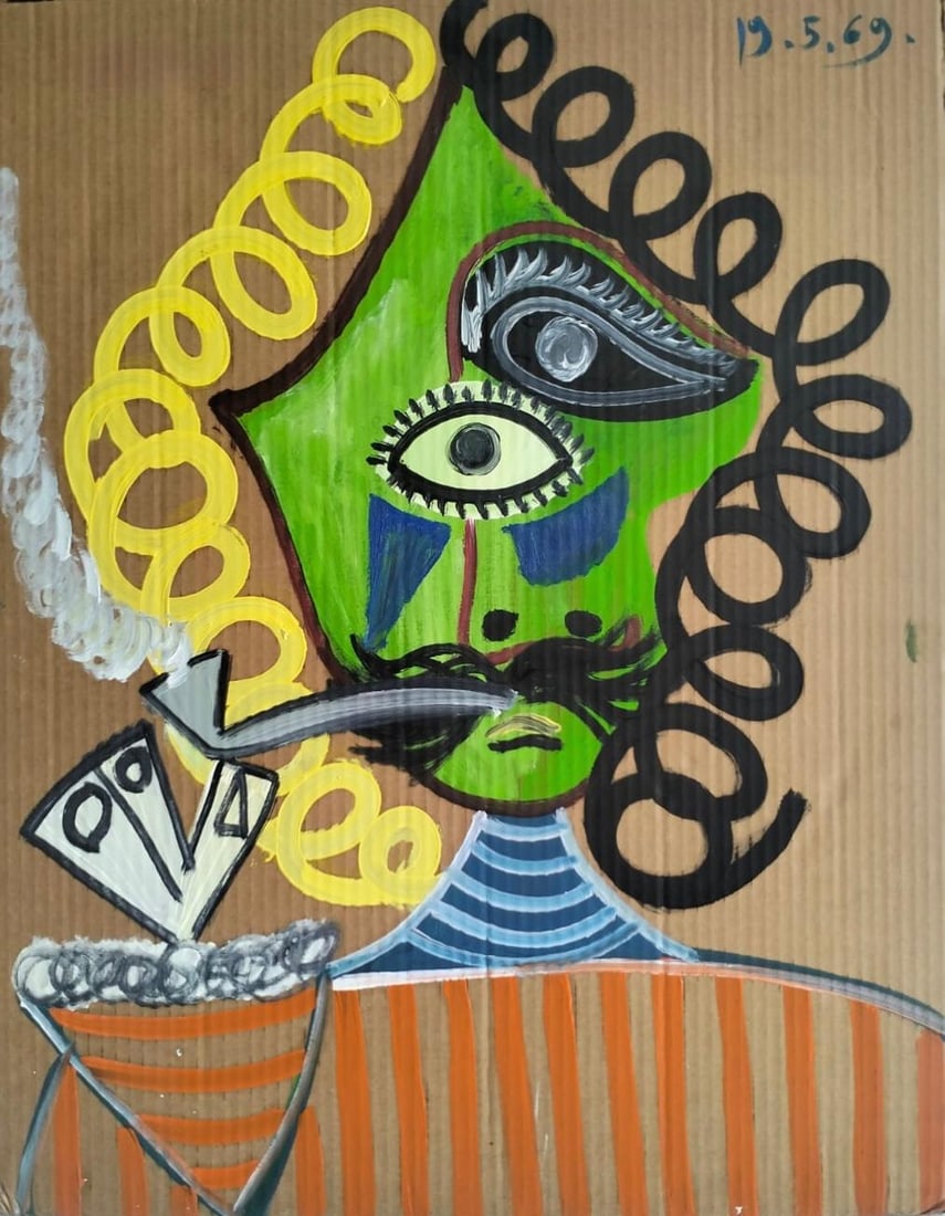 Pablo Picasso Spanish 1881-1973 Oil on CardBoard in the Style of Picasso. Magritte & Chagall Era: Title: Buste d’homme Technique: Oil and Ripolin on corrugated cardboard Measures: 28 × 22 inches (71 × 56 cm) Year: 19 May 1969 Condition:The work is in good overall condition. The painted surface