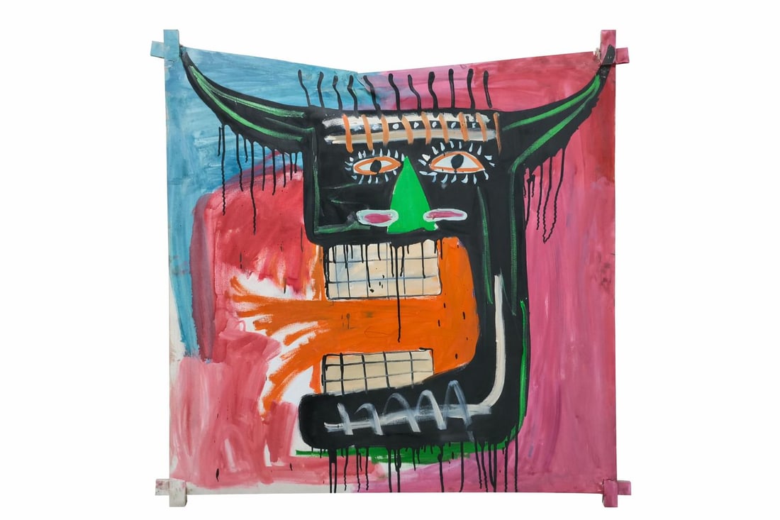 Jean Michel Basquiat 1960-1988 Mixed Media/Canvas In The Style of. Haring,Warhol,Basquiat Era.: Title: Untitled Technique: Acrylic on canvas Measures: 32 × 32 inches (81.3 × 81.3 cm) Year: 1982 Condition:The painting is in good overall condition. The surface retains strong chromatic contrast,