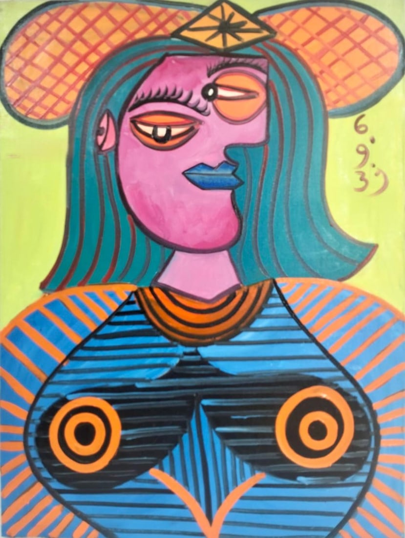 Pablo Picasso Spanish 1881-1973 Oil on Canvas in the Style of Picasso. Magritte & Chagall Era: Title: Untitled Technique: Acrylic on canvas Measures: 31 × 23 inches Year: 1939 Condition:The work appears in good overall condition. The painted surface retains strong chromatic saturation, with no