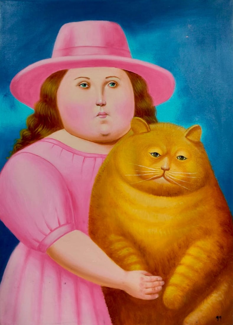 Fernando Botero (1932–2023) Colombian Oil/Canvas Painting in the Style of Botero Late 20th Century: Title: Girl with Cat Technique: Oil on canvas Measures: 31 ½ × 23 ¾ inches (80 × 60 cm) Year: 1999 Condition:The work appears to be in very good overall condition. The painted surface