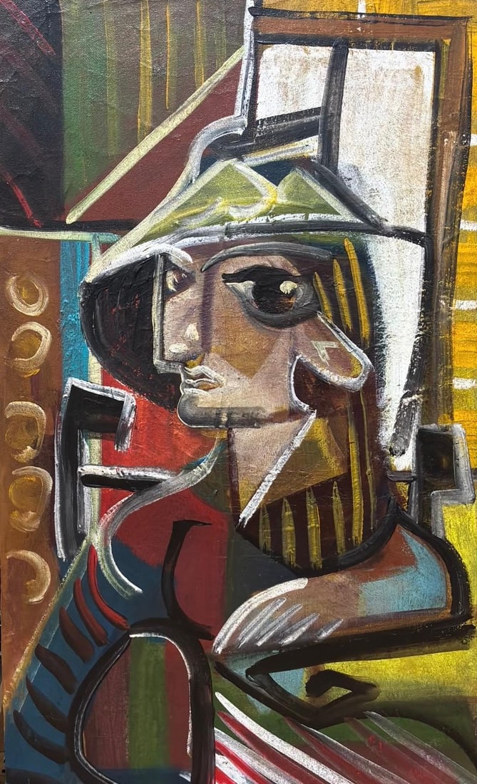 Pablo Picasso Spanish 1881-1973 Oil on Canvas in the Style of Picasso. Magritte & Chagall Era: Title: Untitled (Cubist Portrait) Technique: Oil on canvas Measures: 24 × 15 inches (61 × 38.1 cm) Year: Undated Circa: Circa mid-20th century (Pablo Picasso, 1881–1973) Condition:The painting is