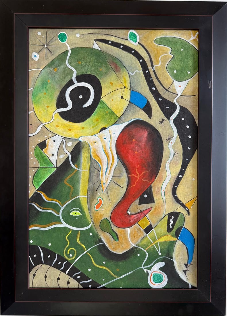 Joan Miro Spanish 1893 - 1983 Oil on Canvas in the style of. Dali, Magritte, & Miro Surrealism Era.: Title:Untitled Technique:Oil on canvas Measures:24 × 15 inches(60.96 × 38.1 cm) Year:UndatedCondition:Good overall condition. The canvas presents a stable pictorial surface with consistent pigmentat