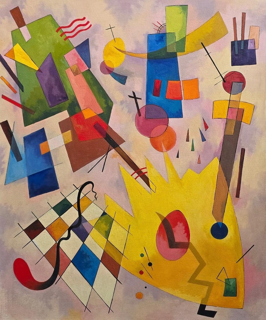 Wassily Kandinsky 1866 - 1944 Oil on Canvas Painting in the style of. Mondrian, Picasso Era: Title: Untitled Year: Undated Technique: Oil on canvas Measures: 24 × 20 inches Visual Description:This abstract composition presents a dynamic interplay of geometric and organic forms arranged acros