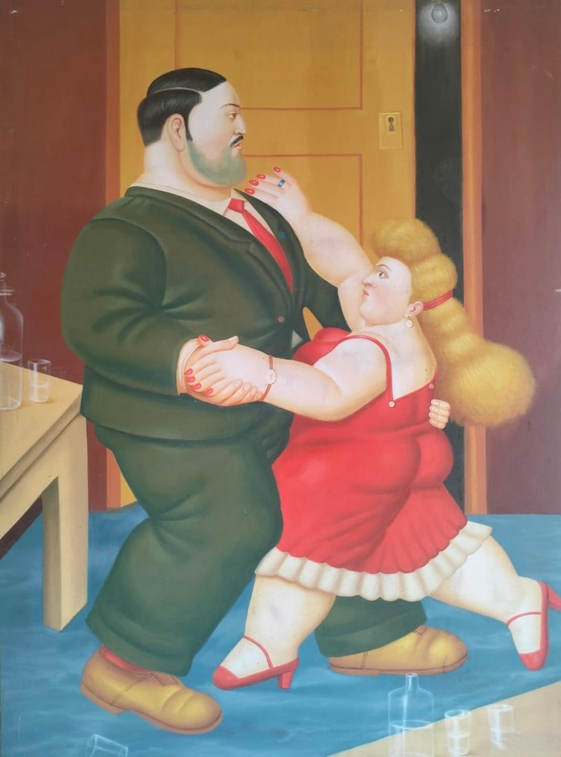 Fernando Botero (1932–2023) Colombian Oil/Canvas Painting in the Style of Botero Late 20th Century: Title: (Dance Room Composition) Technique: Oil on canvas Measures: 31 × 23 inches (approximately 78.7 × 58.4 cm) Year: Undated Condition:The painting is executed on stretched canvas and presents wit