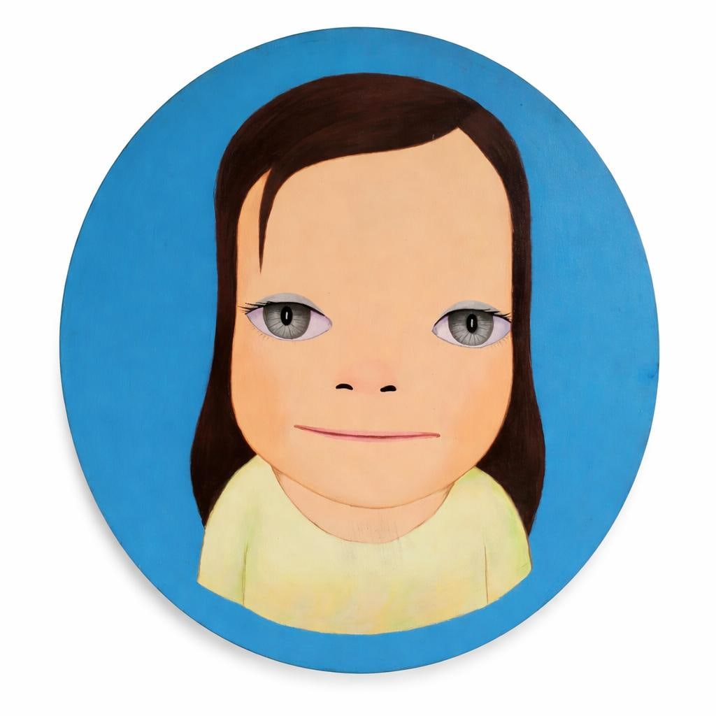 Yoshitomo Nara Acrylic on canvas Japanese In the Style of. Manga Style: Title: Untitled Technique: Oil on circular canvas Measures: 31 inches diameter (78.7 cm diameter) Year: 1999 Condition: The painting is in good overall condition. The surface shows stable pigment laye