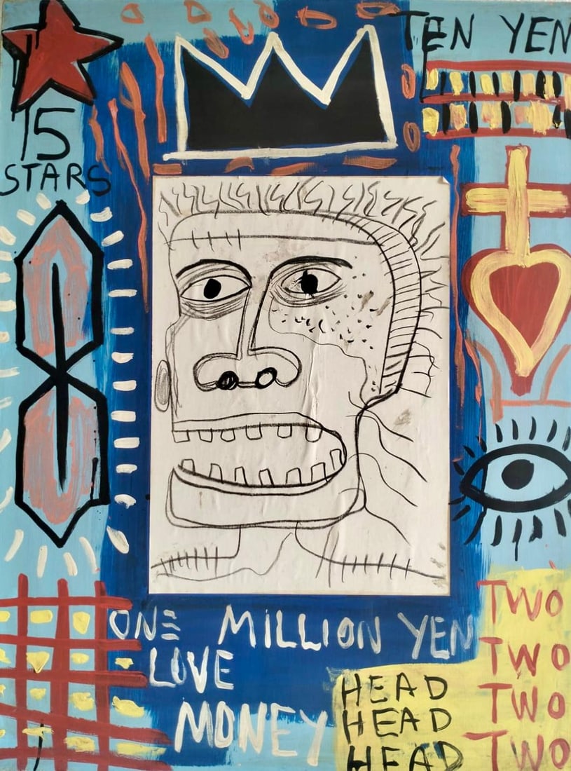 Jean Michel Basquiat 1960-1988 Mixed Media/Canvas In The Style of. Haring,Warhol,Basquiat Era.: Title:Untitled Technique:Mixed technique on canvas Measures:31 × 23 inches(78.74 × 58.42 cm) Year:1982 Condition:Good overall condition. The canvas is structurally sound, with a stable pictorial sur