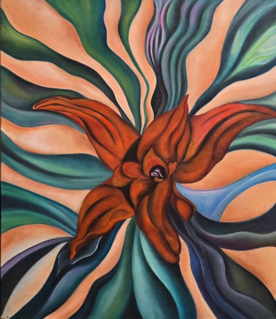 Georgia O'Keeffe American Oil On Canvas Painting in the style of. Pollock & O'Keeffe. Abstract Era: Title: Untitled Year: Undated Technique: Oil on canvas Measures: 21 × 18 inches Provenance:From a private collection. The work has been held in personal ownership and maintained as part of a curated