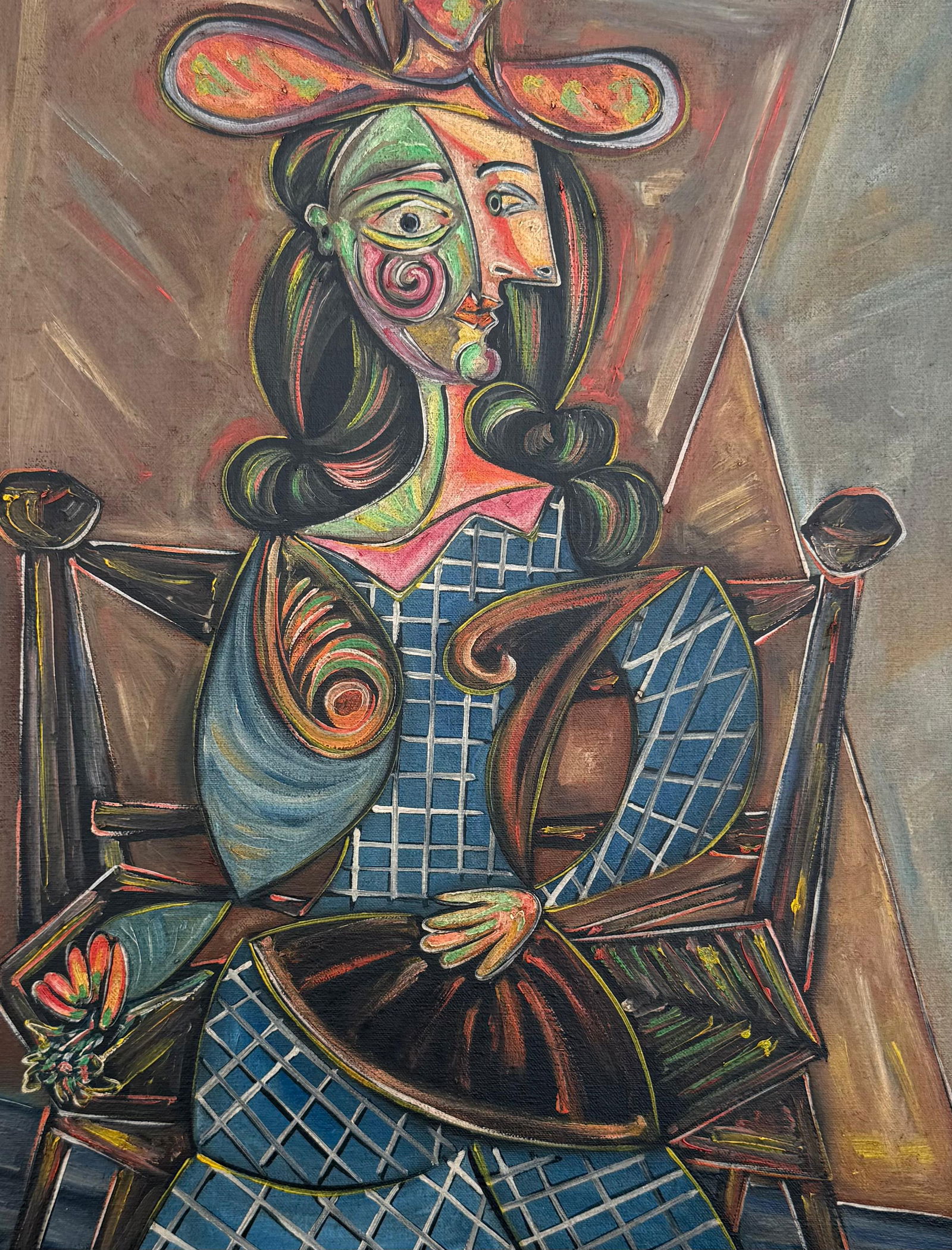 Pablo Picasso Spanish 1881-1973 Oil on Canvas Painting in the Style of Picasso. Magritte & Chagall: Title: Seated Woman with Fan Technique: Oil on Canvas Measures: 20 × 16 inches Year: Circa mid-20th century Condition:Good — the surface appears stable, with light age-consistent wear visible upon