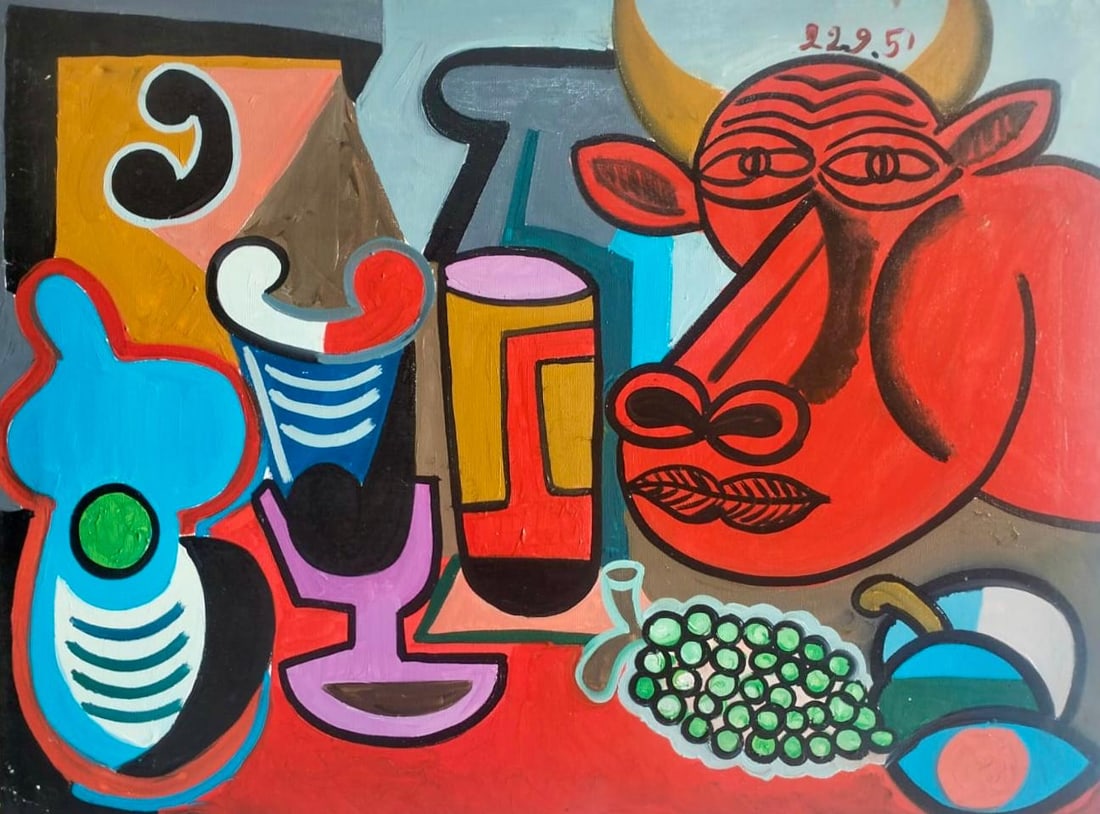 Pablo Picasso Spanish 1881-1973 Oil on Canvas Painting in the Style of Picasso. Magritte & Chagall: Title: Untitled Technique: Oil on canvas Measures: 23 × 31 inches (58.4 × 78.7 cm) Year: Circa 1951 Condition: The painting is in good overall condition. The surface shows stable pigment layers with