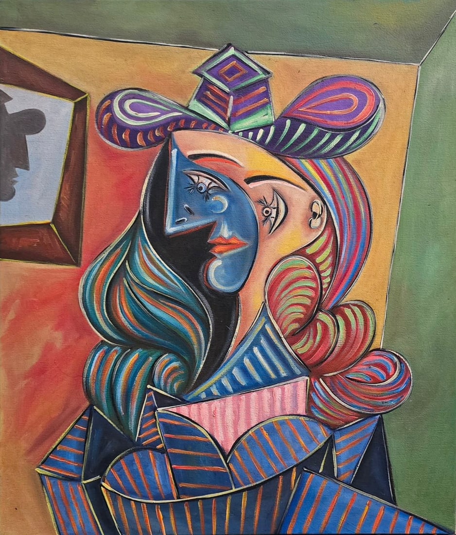 Pablo Picasso Spanish 1881-1973 Oil on Canvas Painting in the Style of Picasso. Magritte & Chagall: Title: Untitled (Cubist Portrait of a Woman) Technique: Oil on canvas Measures: 20 × 17 inches (50.8 × 43.2 cm) Year: Circa 1938 Condition: The painting is in good overall condition. The surface sho