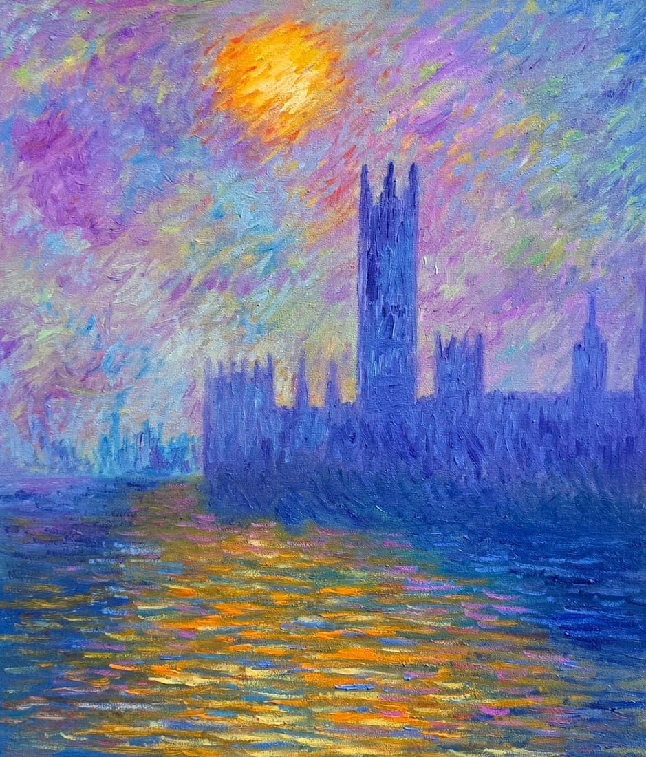 Claude Monet French 1840 - 1926 Oil on Canvas in the style of . Renoir & Manet Impressionist Era.: Title: Houses of Parliament at Sunset Technique: Oil on canvas Measures: 20 × 17 inches (50.8 × 43.2 cm) Year: Circa 1890–1926 Condition: The painting is in good overall condition. The surface sho