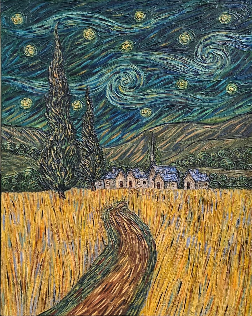 Vincent Van Gogh Dutch 1853-1890 Oil on Canvas painting in the style of. Gaugin, Monet, Degas Period: Title: Starry Night Over the Wheat Field Technique: Oil on canvas Measures: 20 × 16 inches (50.8 × 40.6 cm) Year: Circa 1853–1890 Condition: The painting is in good overall condition. The surface