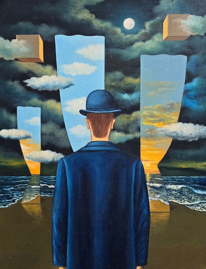 Rene Magritte Belgian 1898 - 1967 Oil on Canvas Painting in The Style of. Dali, Picasso Era: Title: Man Contemplating the Seascape Technique: Oil on canvas Measures: 20 × 16 inches (50.8 × 40.6 cm) Year: Circa 1898–1967 Condition: The painting is in good overall condition. The surface sho