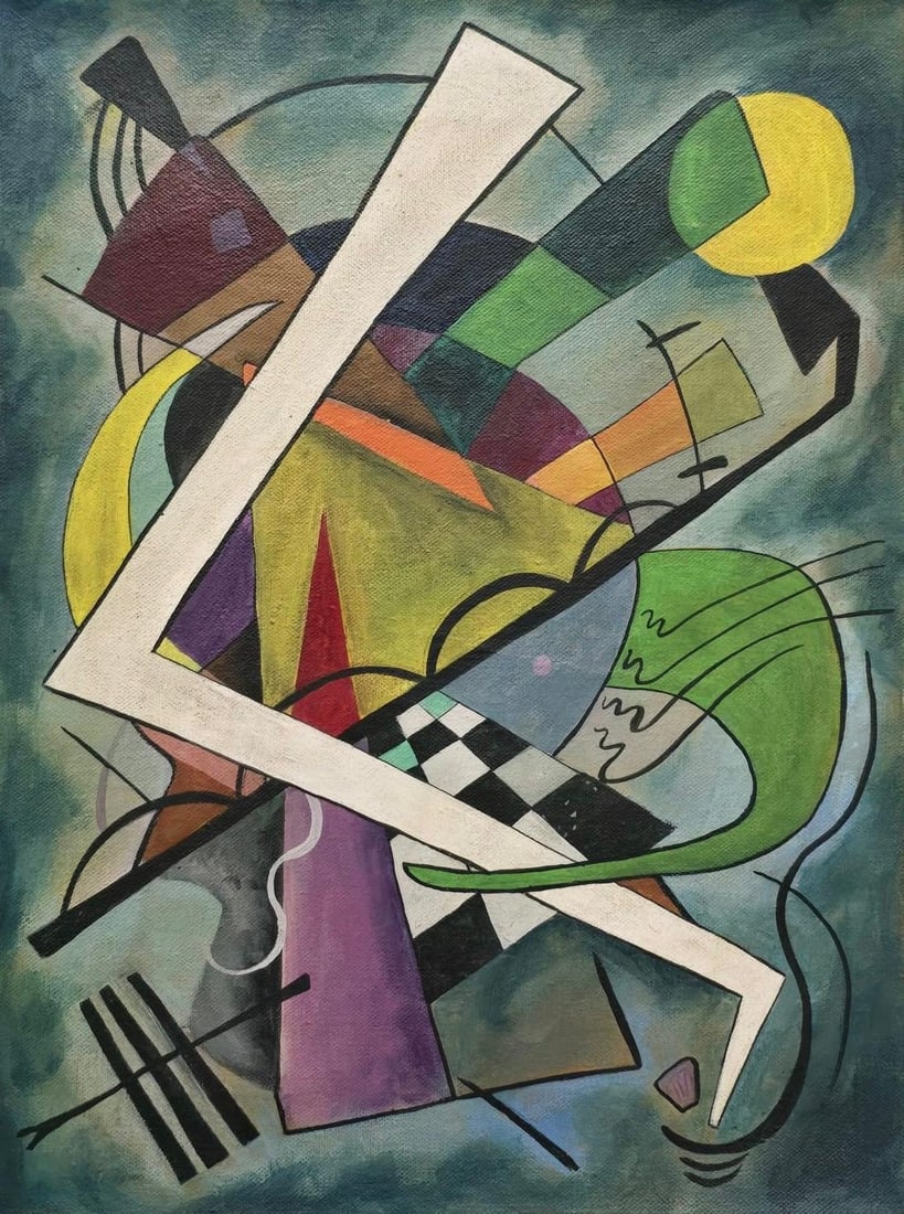 Wassily Kandinsky 1866 - 1944 Oil on Canvas Painting in the style of. Mondrian, Picasso Era: Title: Composition Abstraite Technique: Oil on canvas Measures: 24 × 18 inches (61 × 45.7 cm) Year: Circa 1925 Condition:The painting is in good overall condition. The surface shows stable pigment l
