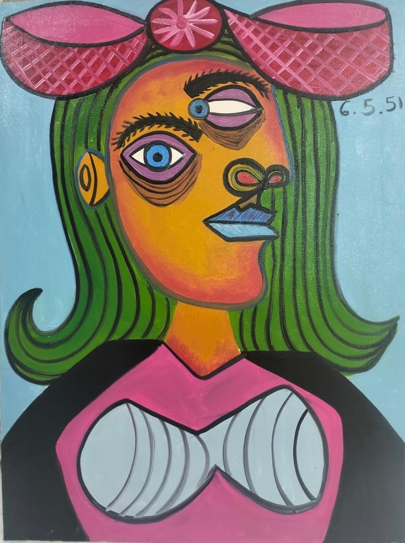 Pablo Picasso Spanish 1881-1973 Oil on Canvas Painting in the Style of Picasso. Magritte & Chagall: Title: Buste de femme Technique: Oil on canvas Measures: 31 × 23 inches (78.7 × 58.4 cm) Year: 1951 Condition:The painting is in good overall condition. The pigment layers appear stable with minor s