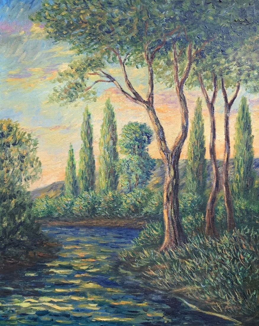 Claude Monet French 1840 - 1926 Oil on Canvas in the style of . Renoir & Manet Impressionist Era.: Title: Riverside Landscape at Sunset Technique: Oil on canvas Measures: 20 × 16 inches (50.8 × 40.6 cm) Year: Circa 1840–1926 Condition: The painting is in good overall condition. The surface show