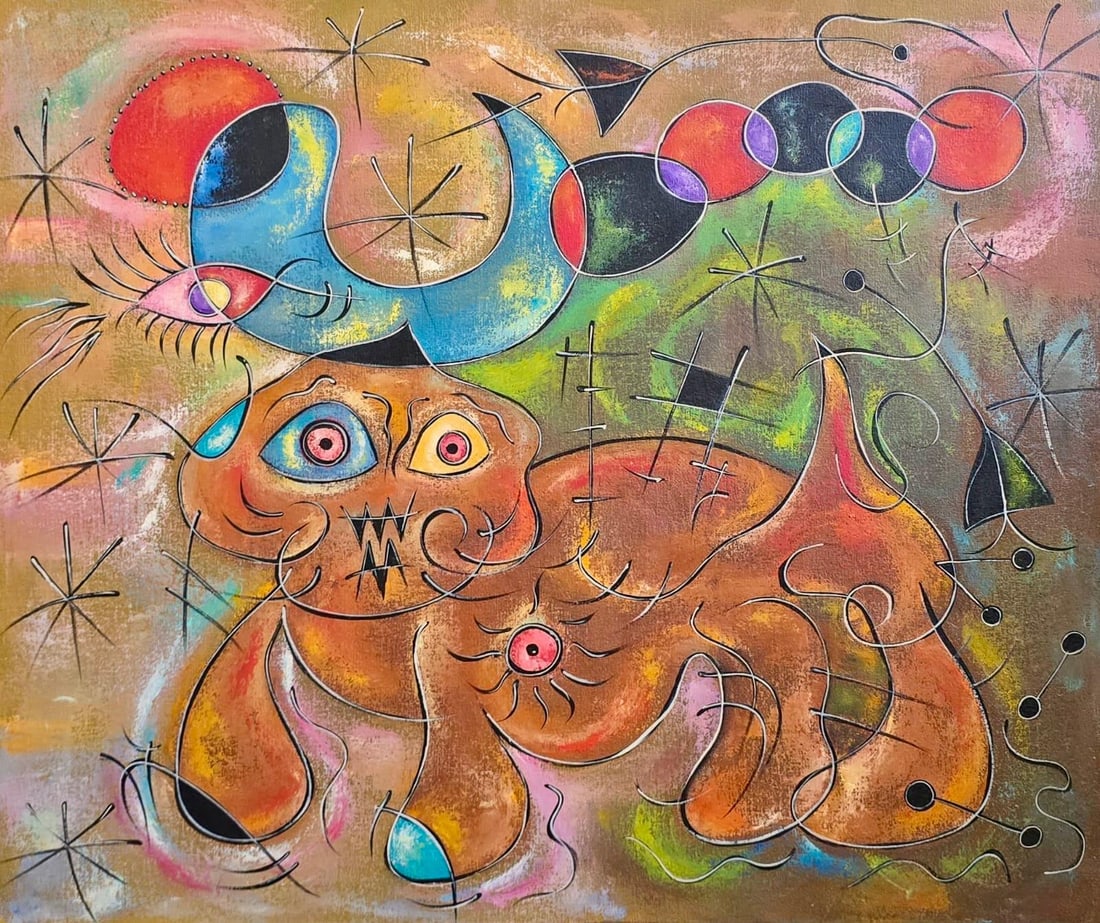 Joan Miro Spanish 1893 - 1983 Oil on Canvas in the style of. Dali, Magritte, & Miro Surrealism Era.: Title: Fantastical Creature Technique: Oil on canvas Measures: 20 × 24 inches (50.8 × 61 cm) Year: Circa 1940 Condition:The painting is in good overall condition. The surface shows stable pigment la